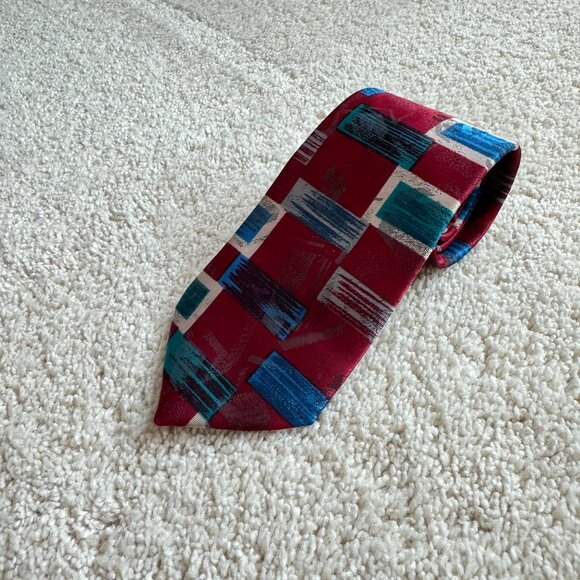 Vintage Michael James Rectangle tie 3 x 49 Red‎ Blue Green White Multi - Picture 1 of 5